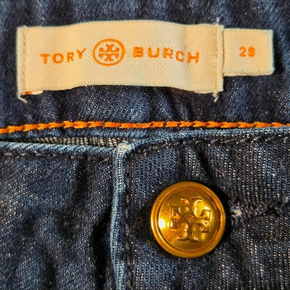 Tory Burch Women Dark Indigo High Rise Wide Leg Denim Jeans Gold Logo Button 29 - Picture 11 of 13
